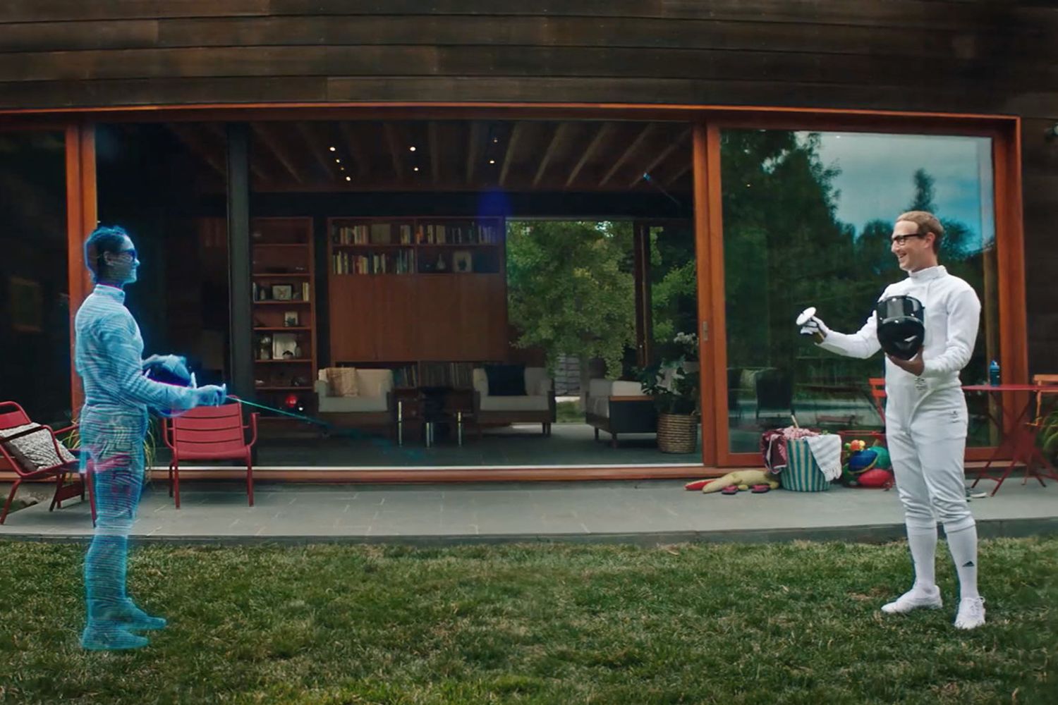 Mark Zuckerberg in un incontro di scherma virtuale e dimostrativo durante il lancio di Meta