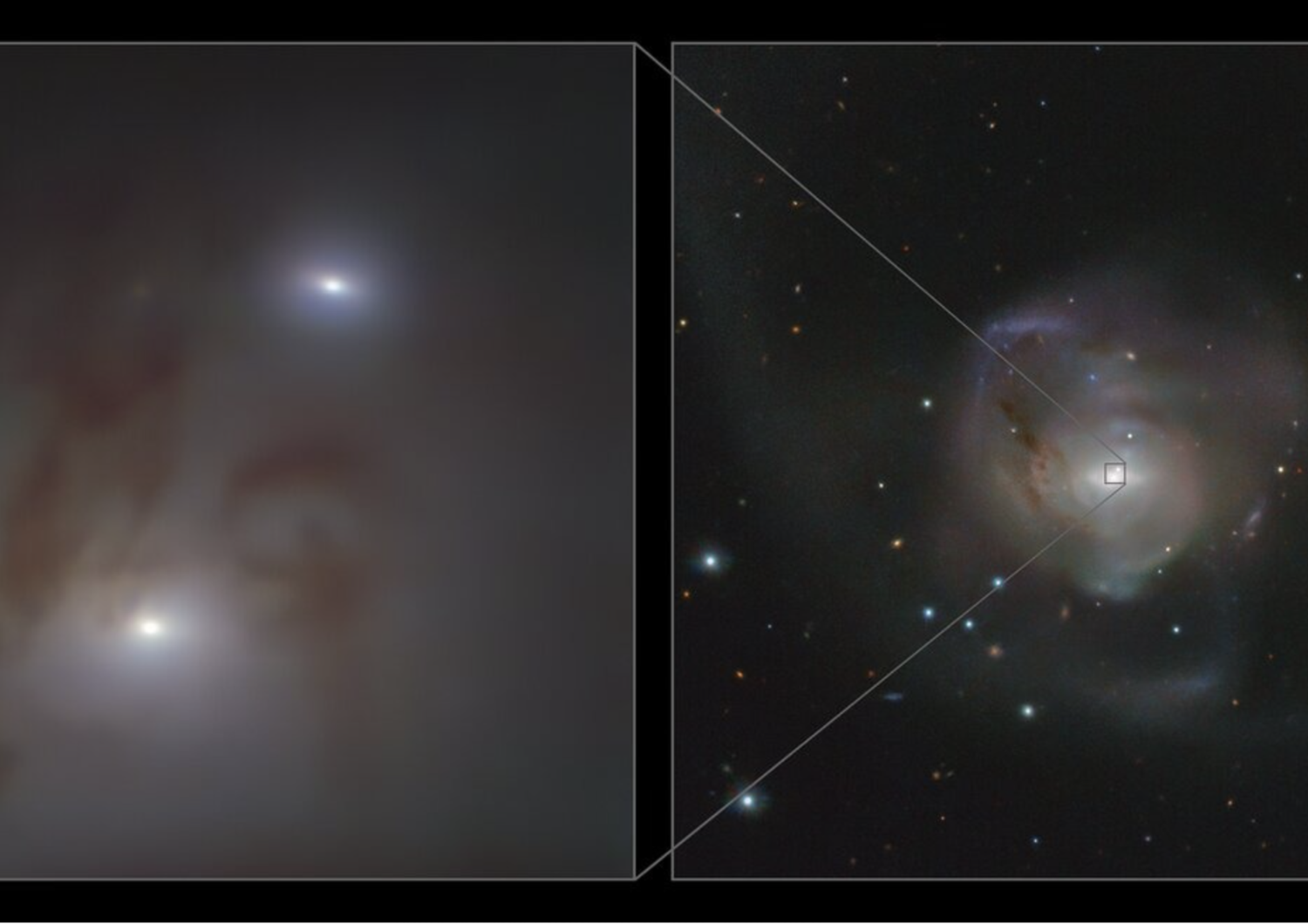 Viste ravvicinate (a sinistra) e ampie (a destra) dei due nuclei galattici luminosi, ciascuno contenente un buco nero supermassiccio