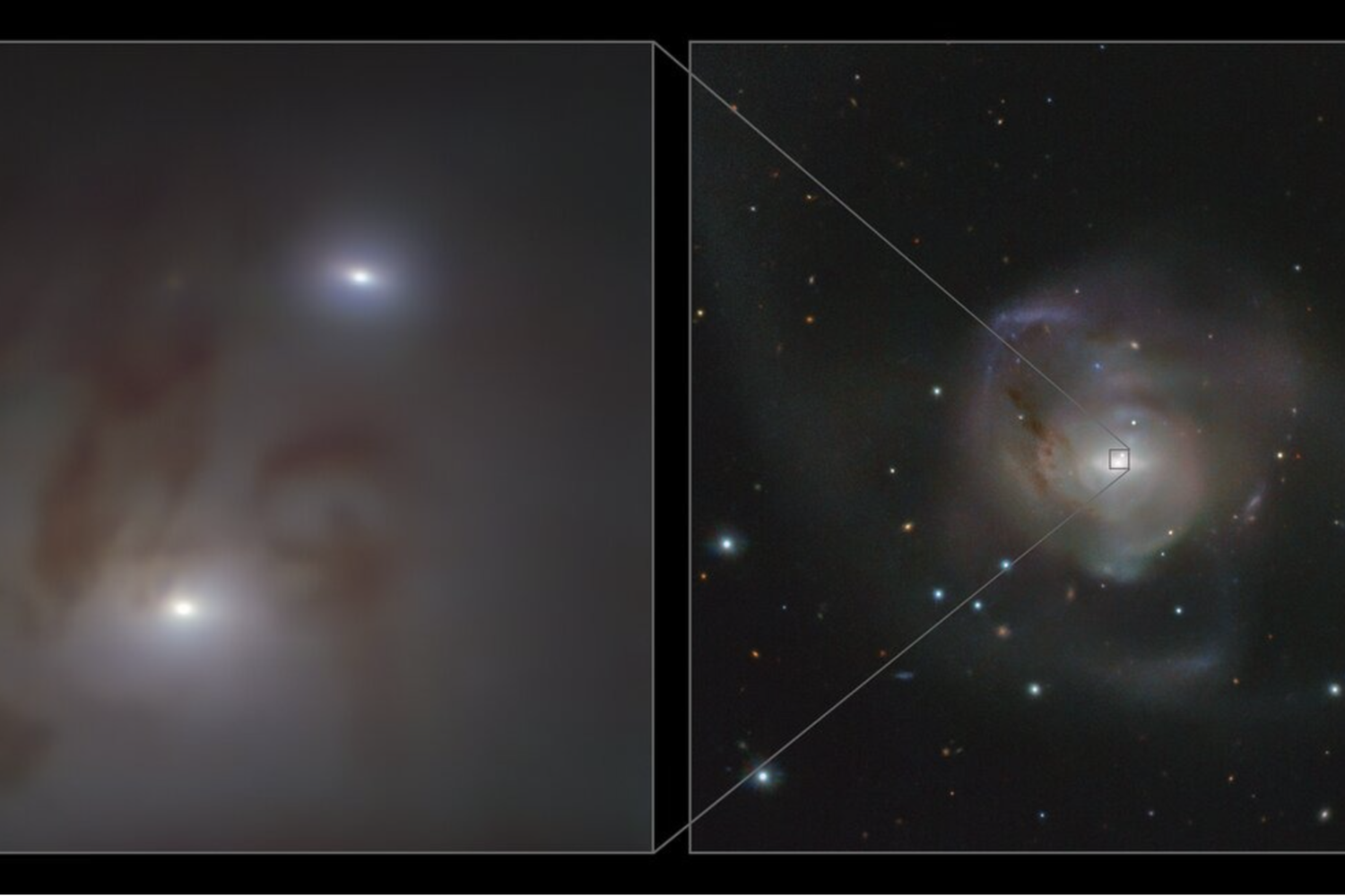 Viste ravvicinate (a sinistra) e ampie (a destra) dei due nuclei galattici luminosi, ciascuno contenente un buco nero supermassiccio