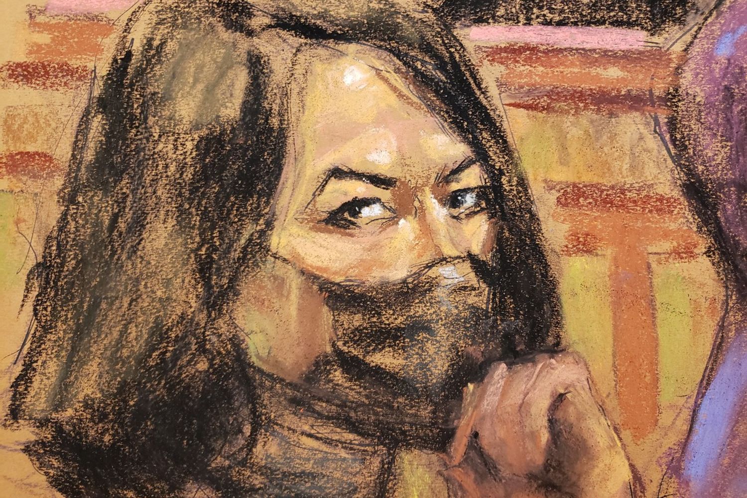 Ghislaine Maxwell, ex sodale di Jeffrey Epstein, in un disegno fatto nel tribunale dove si celebra il processo a suo carico