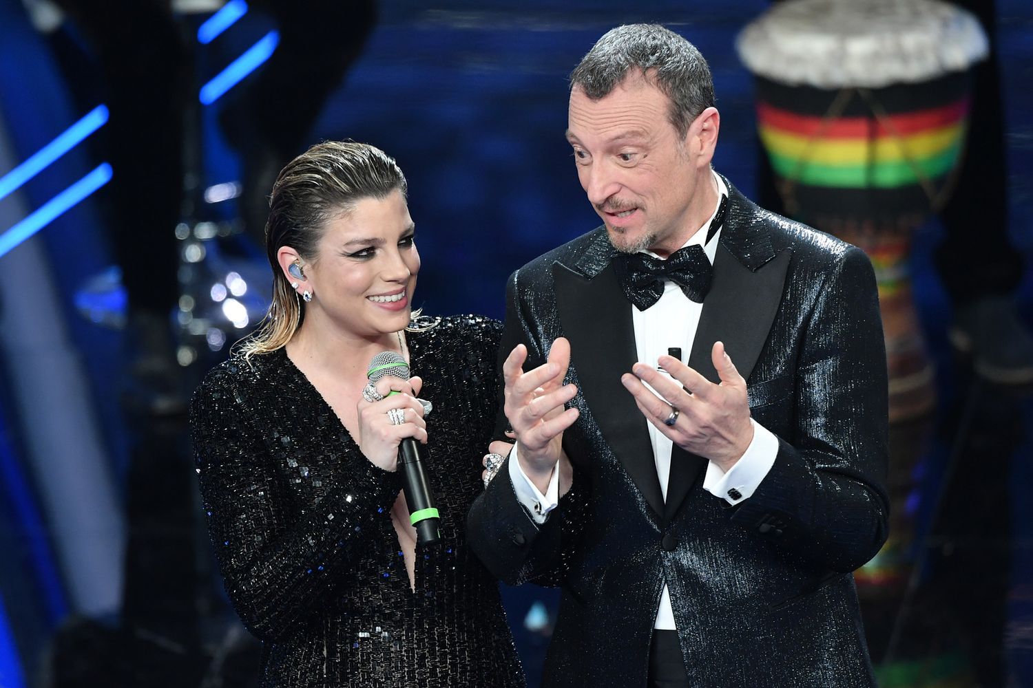 Amadeus con Emma Marrone nell'edizione 2020 del Festival di Sanremo