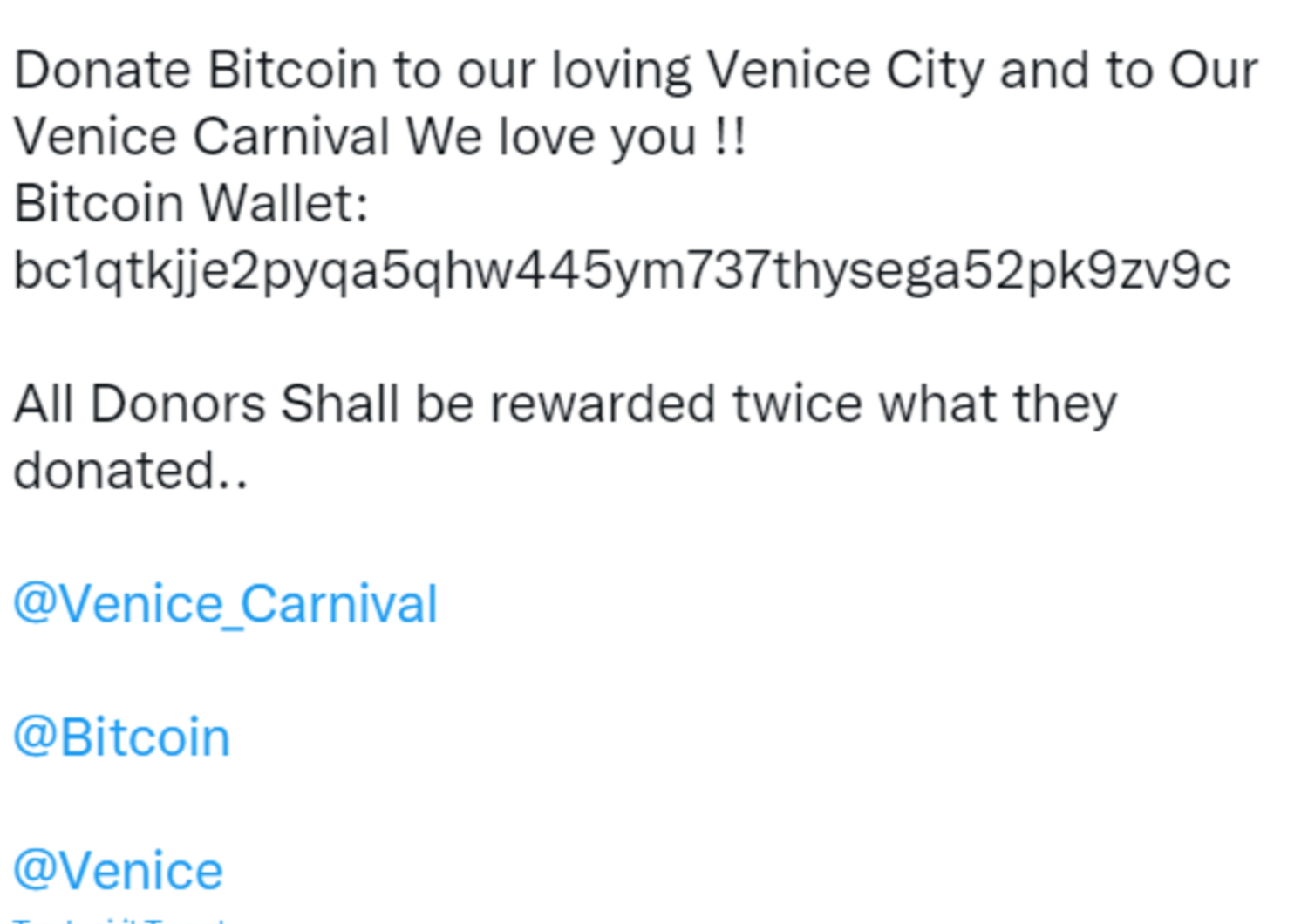 hacker profilo social carnevale venezia chieste donazioni bitcoin