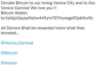 hacker profilo social carnevale venezia chieste donazioni bitcoin