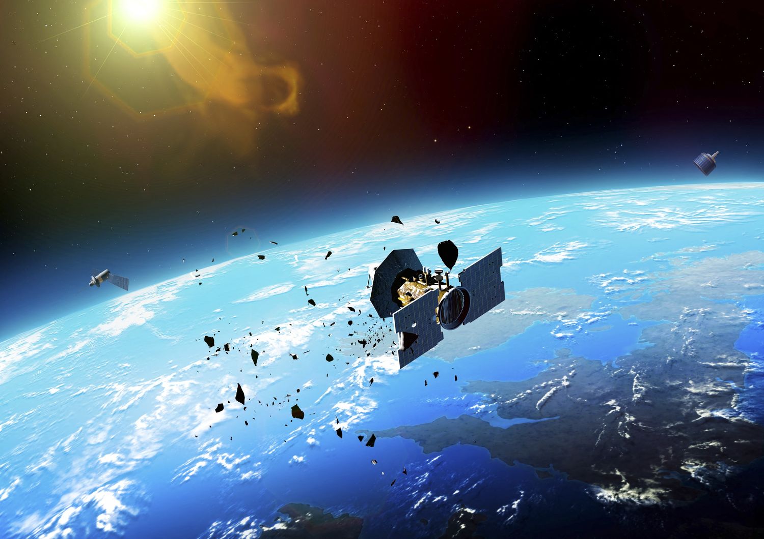 Una simulazione grafica di uno scontro tra un satellite e detriti spaziali