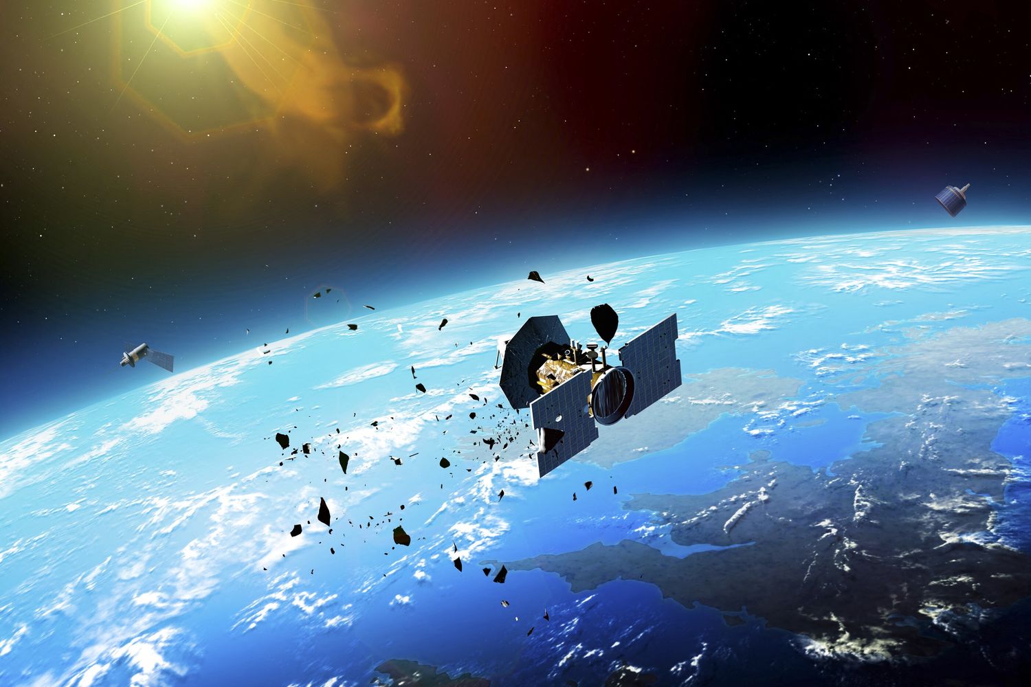 Una simulazione grafica di uno scontro tra un satellite e detriti spaziali