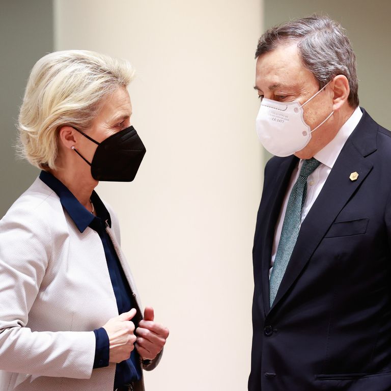 Il presidente della Commissione Europea, Ursula Von Der Leyen e il presidente del Consiglio, Mario Draghi
