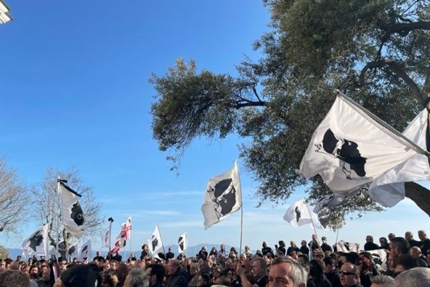 Le bandiere corse sventolano a Carg&eacute;se durante il funerale di Yvan Colonna