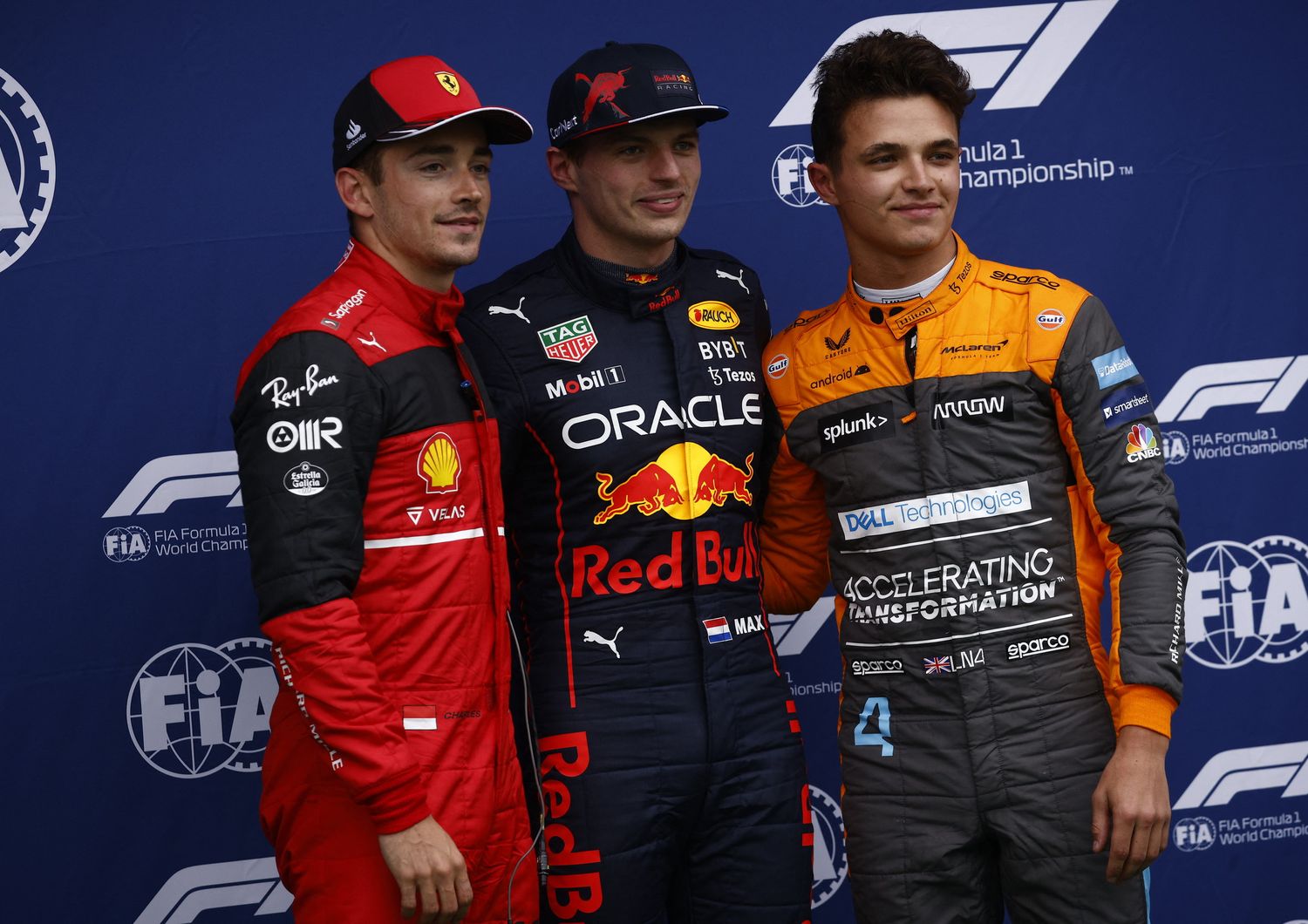 Max Verstappen con Charles Leclerc  e Lando Norris al Gp di Imola&nbsp;