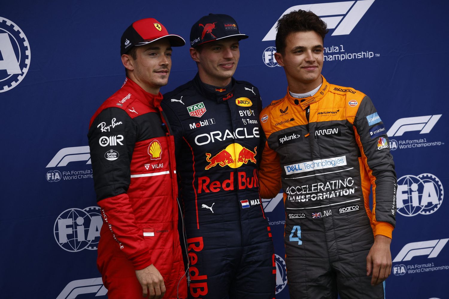 Max Verstappen con Charles Leclerc  e Lando Norris al Gp di Imola&nbsp;