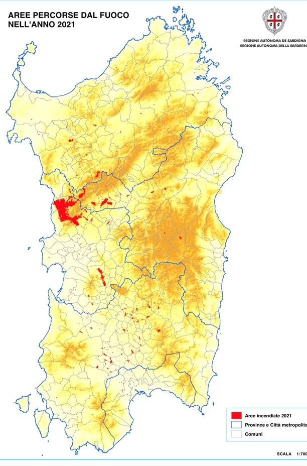 Cartina della Sardegna: in rosso le zone colpite dagli incendi nel 2021