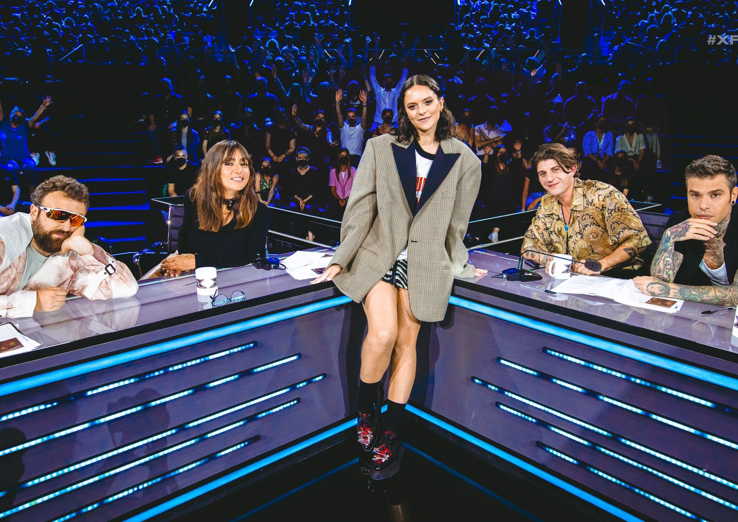 La giuria dell'edizione 2022 di X Factor e la conduttrice Francesca Michielin