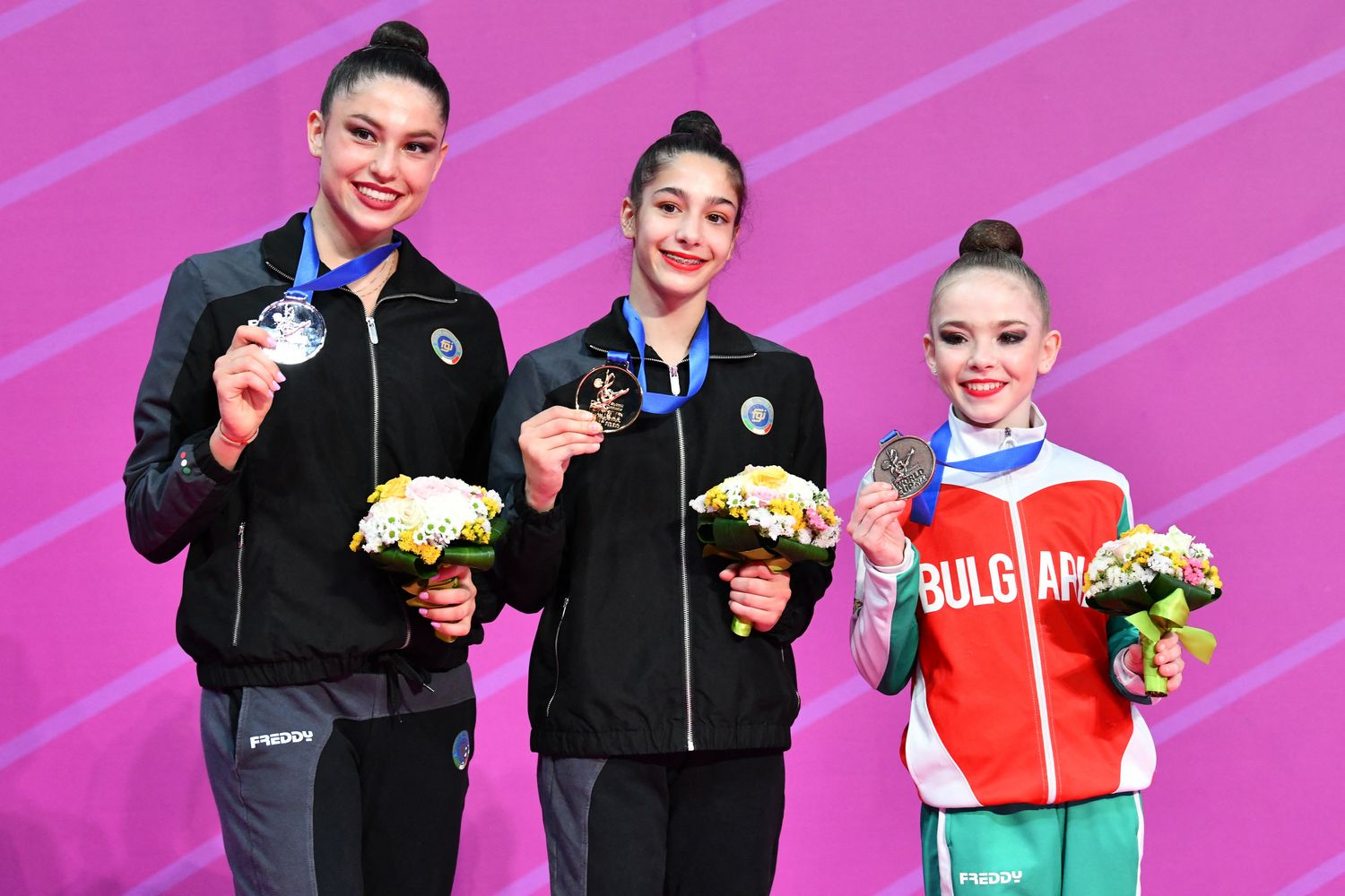 Da sinistra: MilenaBaldassarri (Bonzo), Sofia Raffaeli (Oro) e la bulgara&nbsp; Nikolova Stiliana