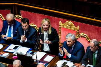 Giorgia Meloni con i vicepremier Matteo Salvini e Antonio Tajani
