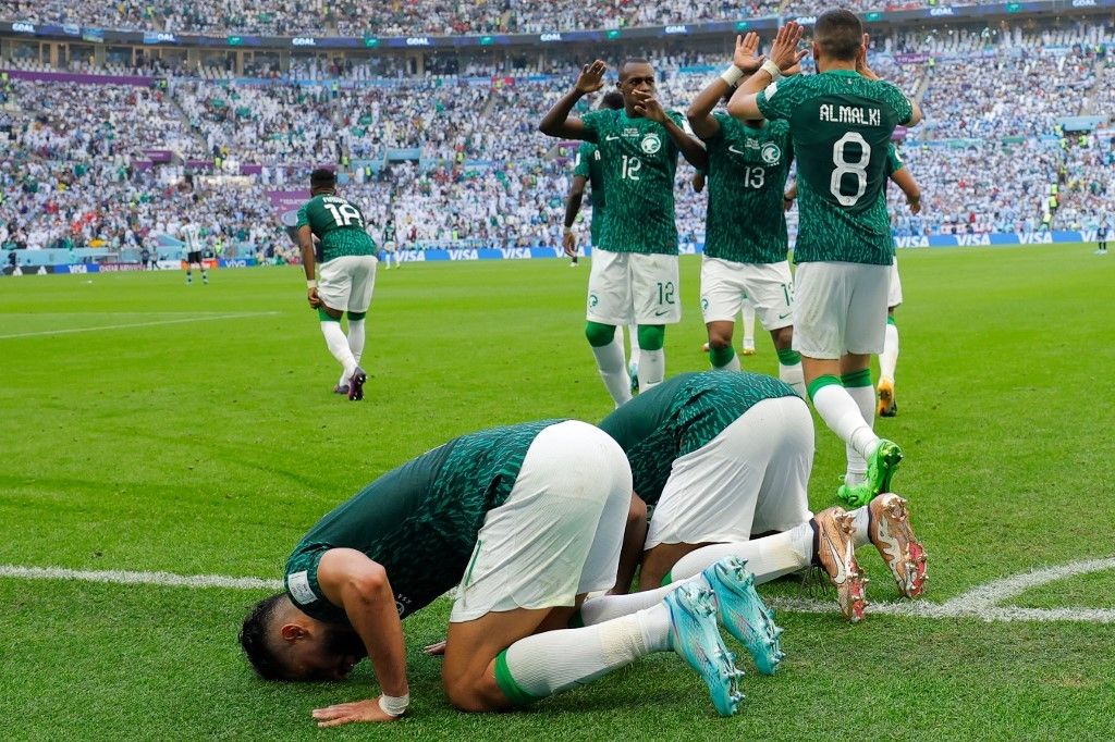 L'attaccante n. 11 dell'Arabia Saudita Saleh Al-Shehri festeggia dopo aver segnato il primo gol della sua squadra&nbsp;