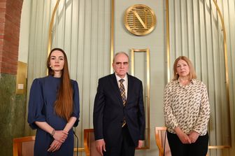 Nella foto Oleksandra Matviichuk, Yan Rachinsky e Natalia Pinchuk, moglie dell'attivista bielorusso incarcerato Ales Bialiatski &nbsp;