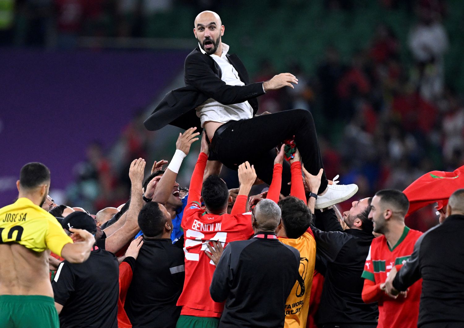 L'esultanza dei giocatori del Marocco dopo la vittoria contro il Portogallo&nbsp;