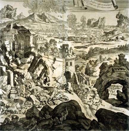 Un'antica stampa tedesca illustra la devastazione causata dal terremoto del 1693