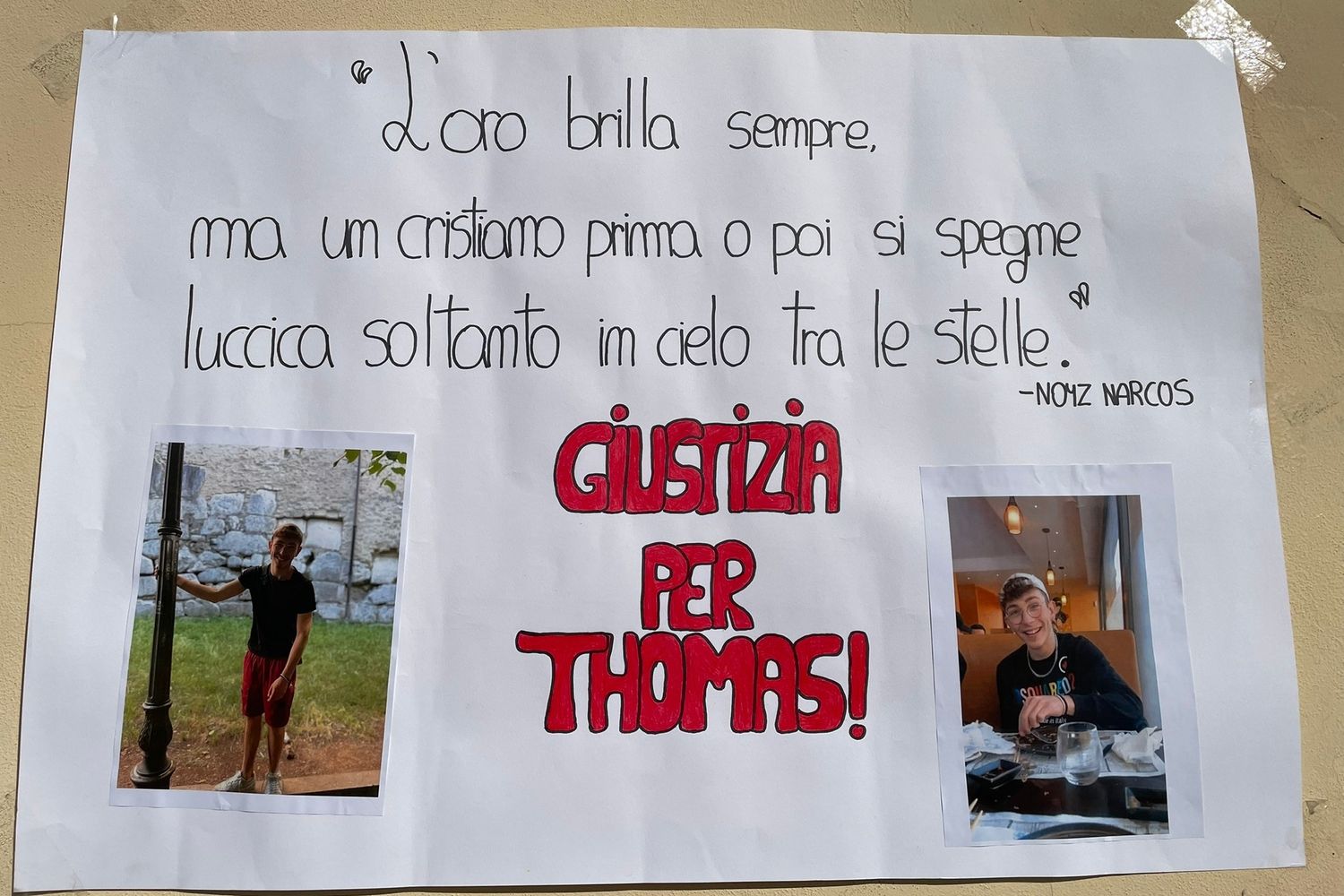 Striscione in ricordo di Thomas Bricca
