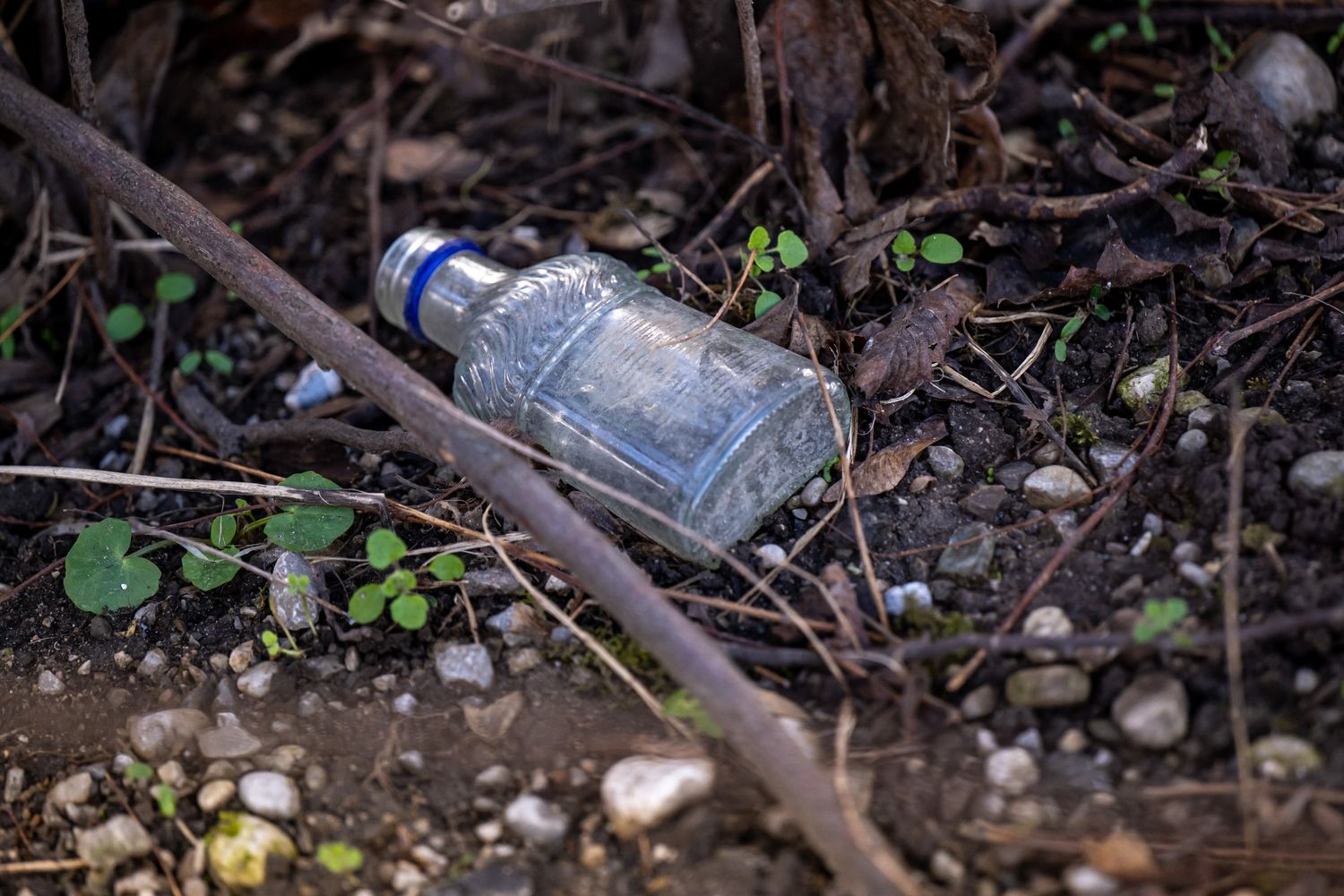 Una bottiglia di alcolici gettata a terra &nbsp;