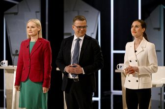 Da sinistra: la leader del Partito Finlandese,  Riikka Purra;&nbsp;Petteri Orpo del Partito della coalizione nazionale; la premier uscente, Sanna Marin &nbsp;