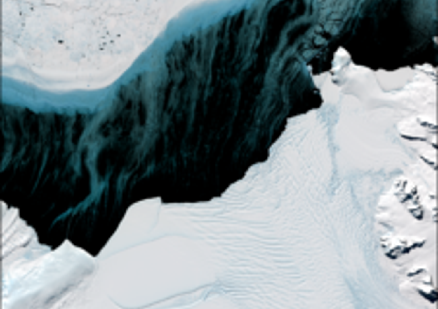 Immagine Landsat 8 raffigurante la piattaforma di ghiaccio SCAR Inlet altamente dinamica, la penisola antartica e la produzione di ghiaccio marino al largo