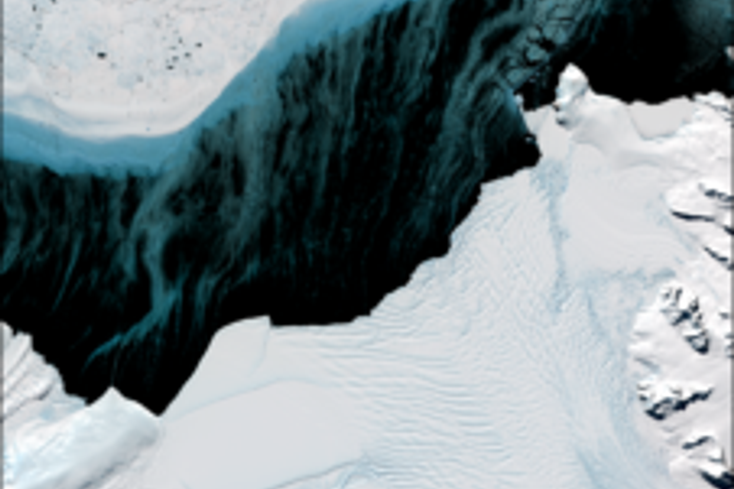 Immagine Landsat 8 raffigurante la piattaforma di ghiaccio SCAR Inlet altamente dinamica, la penisola antartica e la produzione di ghiaccio marino al largo