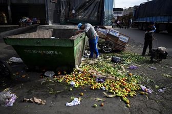 Povert&agrave; in Argentina - un uomo rovista tra la verdura scartata al mercato di Buenos Aires