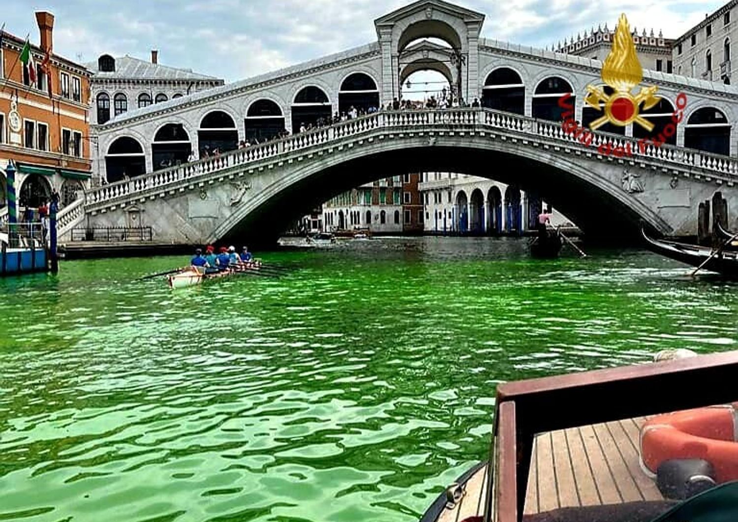 Canal Grande verde fosforescente all&rsquo;altezza del Ponte di Rialto&nbsp;