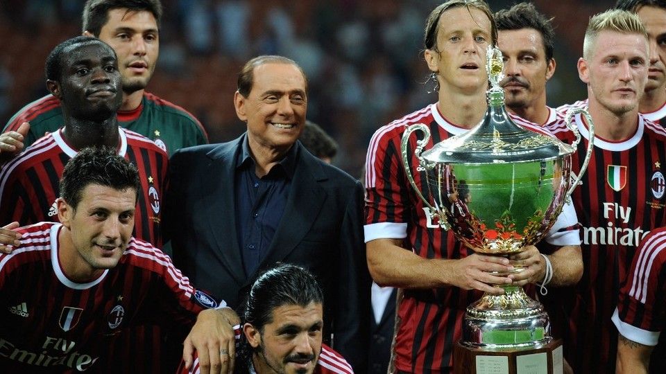 Silvio Berlusconi con il Milan, dopo aver vinto la partita Trophee Luigi Berlusconi AC Milan contro Juventus, 2-1, il 21 agosto 2011,&nbsp;