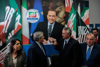 Conferenza stampa di Forza Italia dopo la morte di Silvio Berlusconi. Nella foto Licia Ronzulli, Antonio Tajani, Paolo Barelli e Flavio Martusciello&nbsp;
