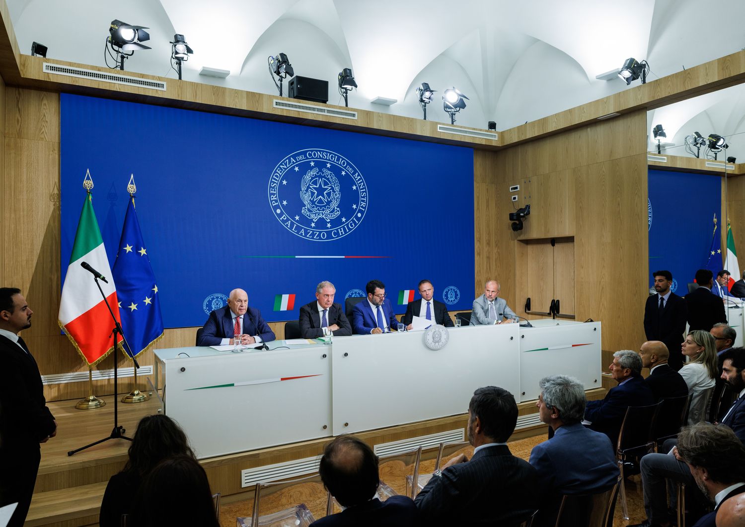 Conferenza stampa al termine del Consiglio dei Ministri nella foto Carlo Nordio,Adolfo Urso, Matteo Salvini, Francesco Lollobrigida e Orazio Schillaci&nbsp;