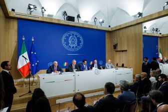 Conferenza stampa al termine del Consiglio dei Ministri nella foto Carlo Nordio,Adolfo Urso, Matteo Salvini, Francesco Lollobrigida e Orazio Schillaci&nbsp;