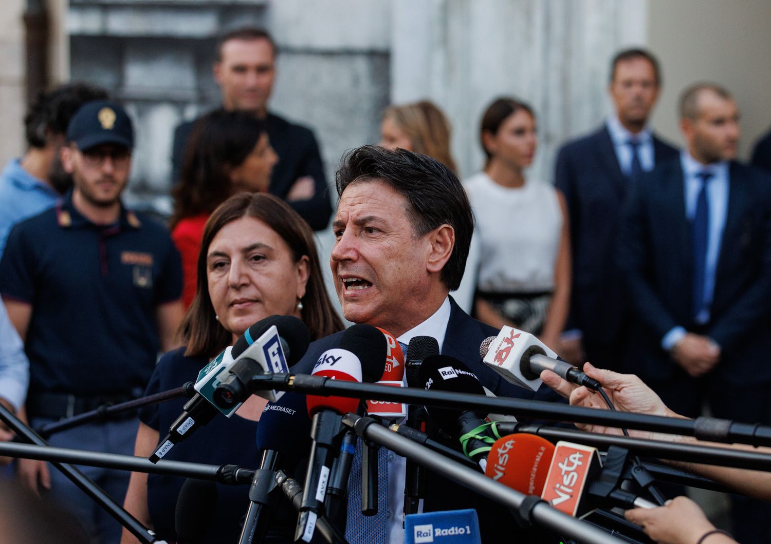 Dichiarazioni dopo il vertice sul salario minimo a palazzo Chigi. Nella foto Giuseppe Conte