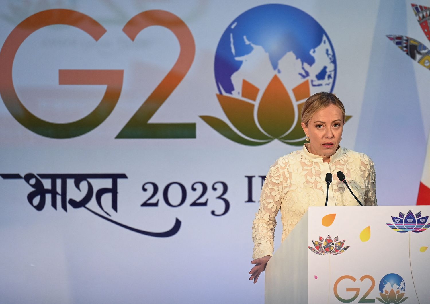 Il premier Giorgia Meloni alla conferenza stampa al termine del G20 in India&nbsp;