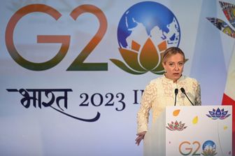 Il premier Giorgia Meloni alla conferenza stampa al termine del G20 in India&nbsp;