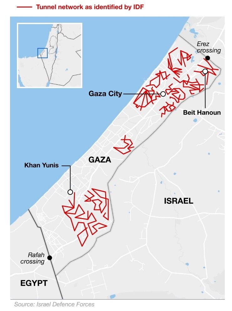La mappa dei 5 tunnel di Hamas distrutti