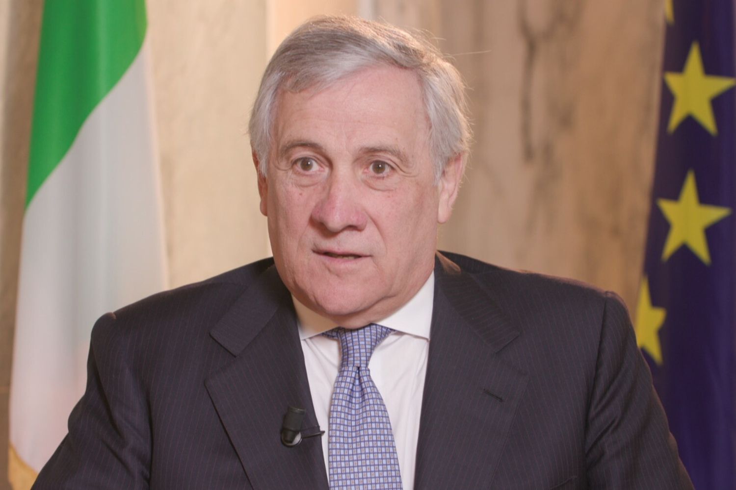 Il ministro degli Esteri Tajani durante l'intervista rilasciata al programma tv 'Washington Files'