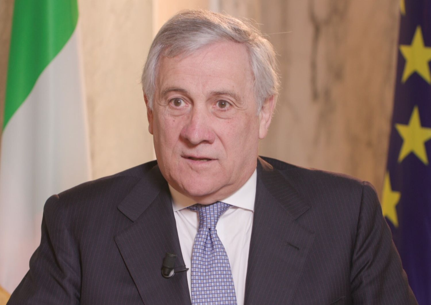 Il ministro degli Esteri Tajani durante l'intervista rilasciata al programma tv 'Washington Files'