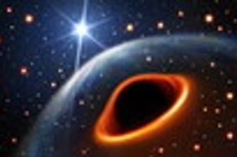 Rappresentazione artistica del sistema presupponendo che la stella compagna massiccia sia un buco nero.&nbsp;La stella di fondo pi&ugrave; luminosa &egrave; la sua compagna orbitale