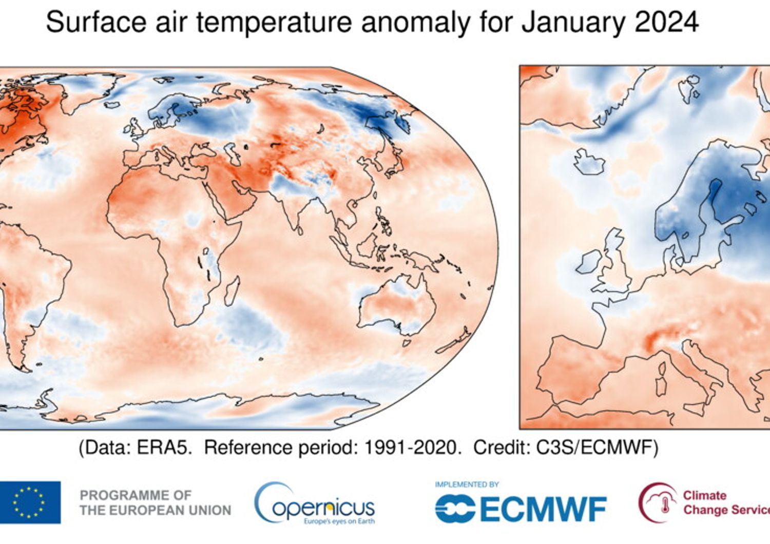 Anomalia della temperatura dell’aria superficiale per gennaio 2024 rispetto alla media di gennaio per il periodo 1991-2020. Fonte dati: ERA5.