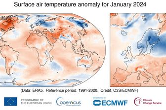Anomalia della temperatura dell’aria superficiale per gennaio 2024 rispetto alla media di gennaio per il periodo 1991-2020. Fonte dati: ERA5.