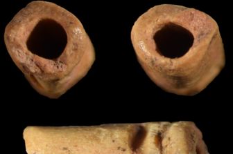Queste immagini mostrano una perla a forma di tubo fatta di osso che ha circa 12.940 anni