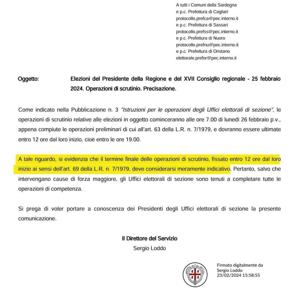La nota della Presidenza sulla possibilità di scrutinare anche oltre le ore 19
