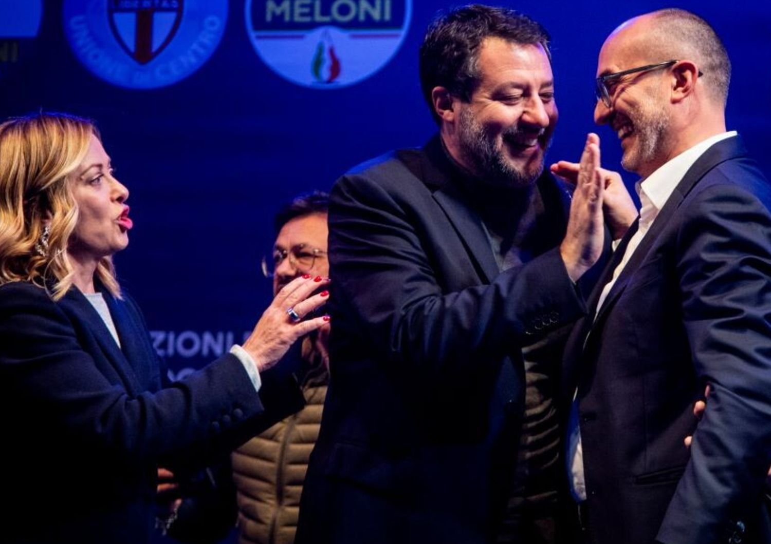 21/02/2024 Cagliari, chiusura della campagna elettorale per le regionali della Sardegna del centrodestra. Nella foto Giorgia Meloni, Matteo Salvini e Paolo Truzzu