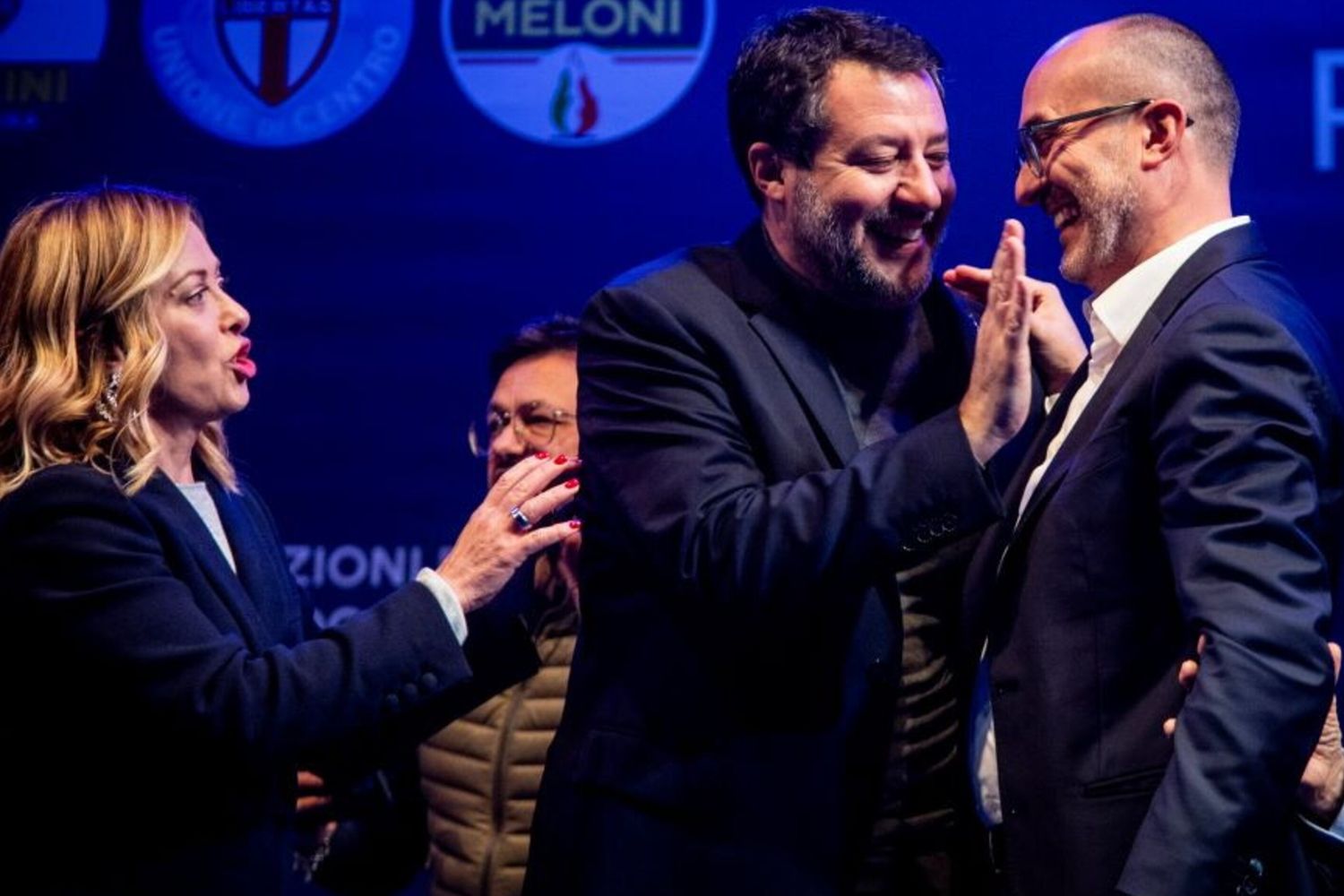 21/02/2024 Cagliari, chiusura della campagna elettorale per le regionali della Sardegna del centrodestra. Nella foto Giorgia Meloni, Matteo Salvini e Paolo Truzzu