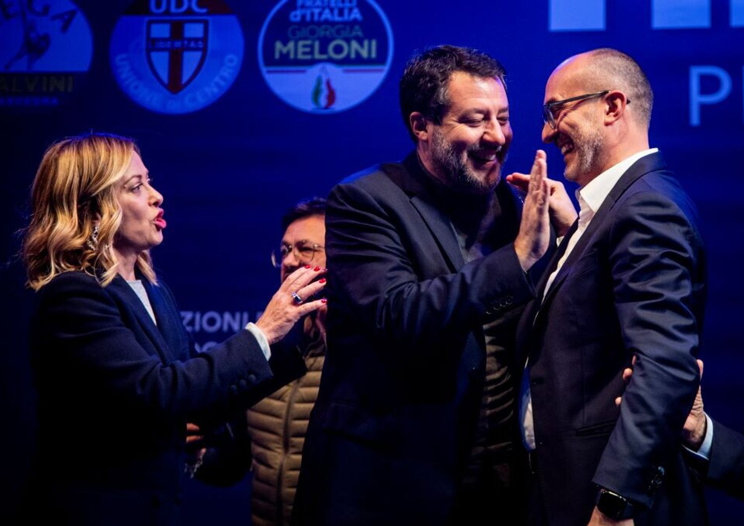 21/02/2024 Cagliari, chiusura della campagna elettorale per le regionali della Sardegna del centrodestra. Nella foto Giorgia Meloni, Matteo Salvini e Paolo Truzzu