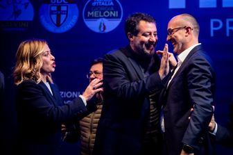 21/02/2024 Cagliari, chiusura della campagna elettorale per le regionali della Sardegna del centrodestra. Nella foto Giorgia Meloni, Matteo Salvini e Paolo Truzzu