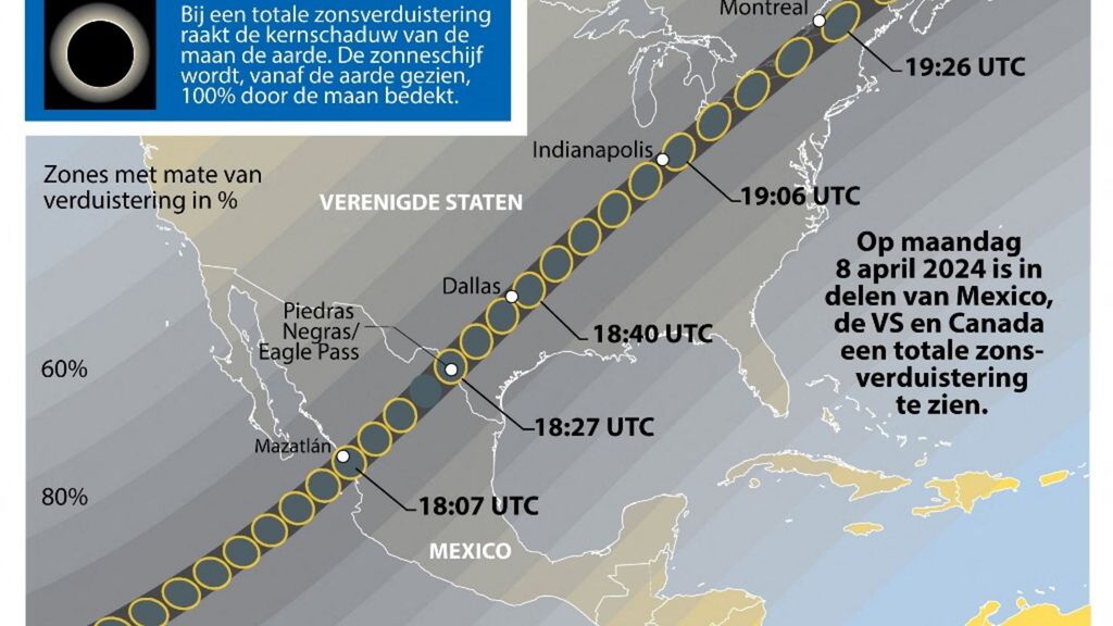 La mappa dell'eclissi solare totale dell'8 aprile 2024
