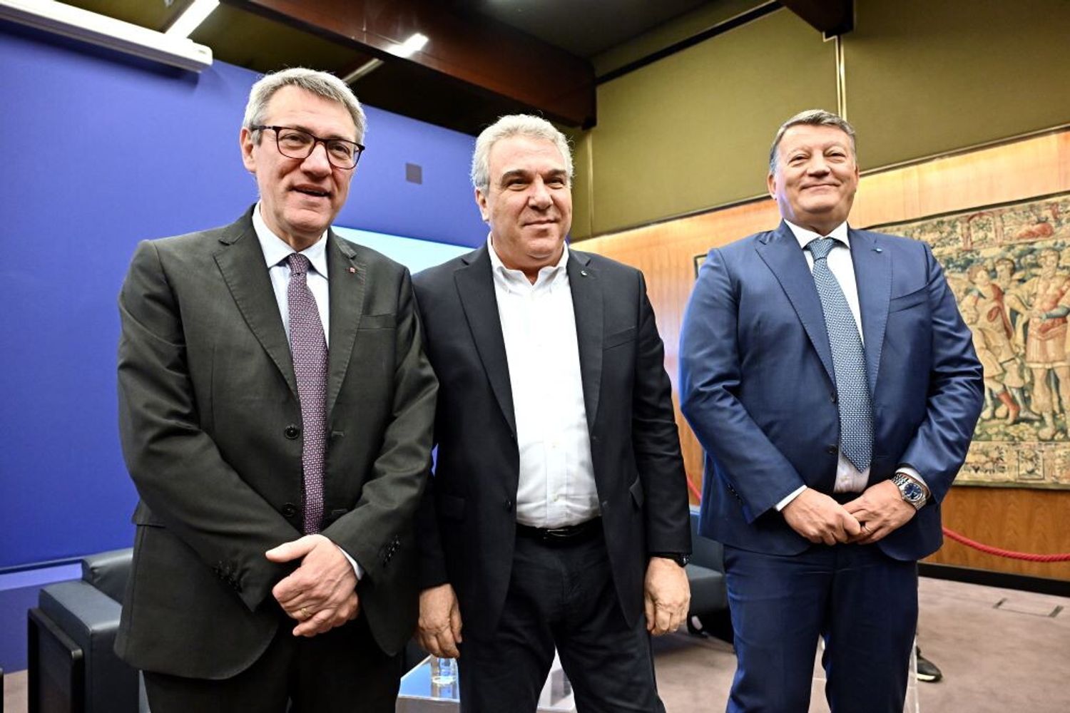 Maurizio Landini segretario generale CGIL, Luigi Sbarra segretario generale CISL, Pierpaolo Bombardieri segretario generale UIL