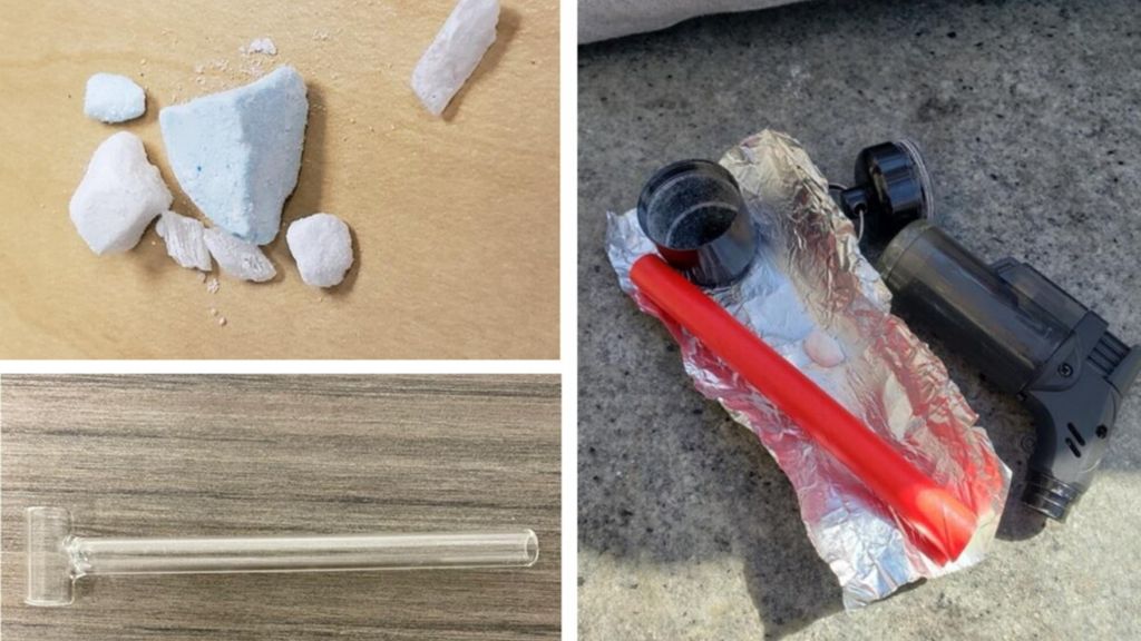 Il fentayl, tipicamente venduto in pezzi di polvere compressa (e alcuni frammenti di metanfetamina) e i materiali comunemente usati per consumarli tramite inalazione